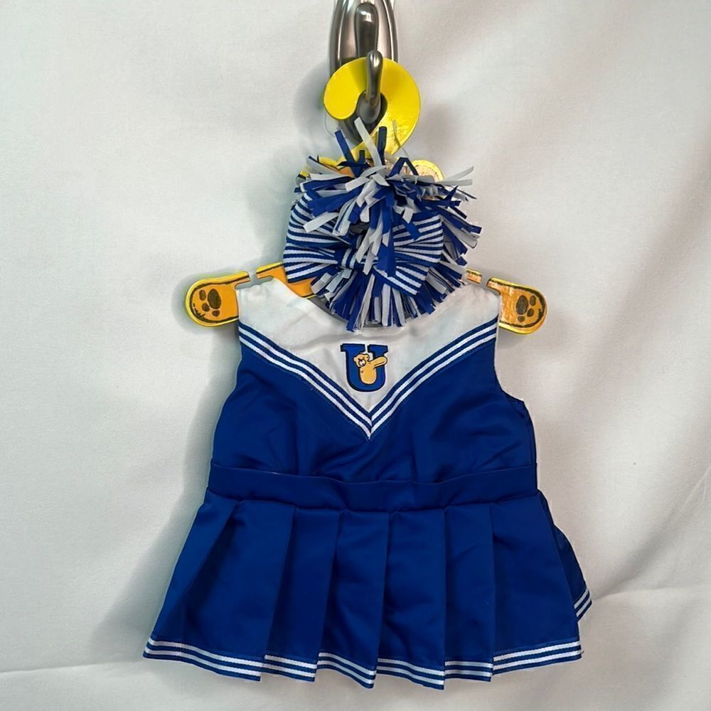 Build A Bear Workshop blue and white Cheer outfit with hair bows and pom poms